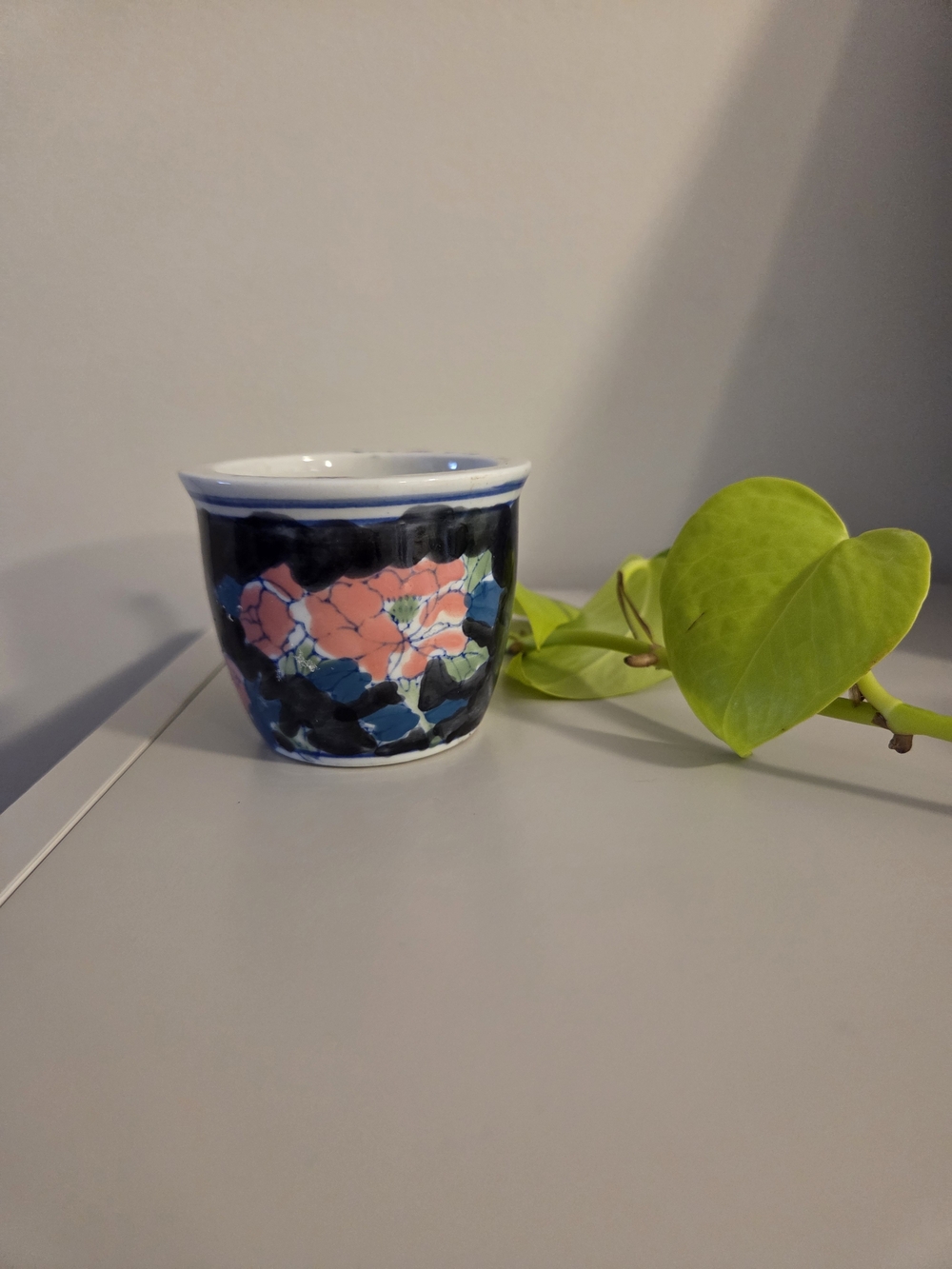 Mini Ceramic Planter with Coral Floral Motif on Dark Blue